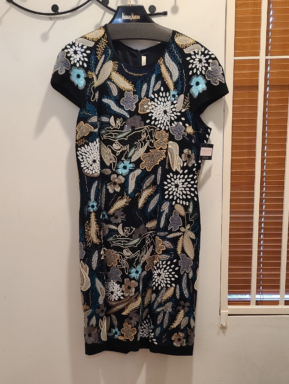 Neiman Marcus Black Embroidered Floral Sheath Dress